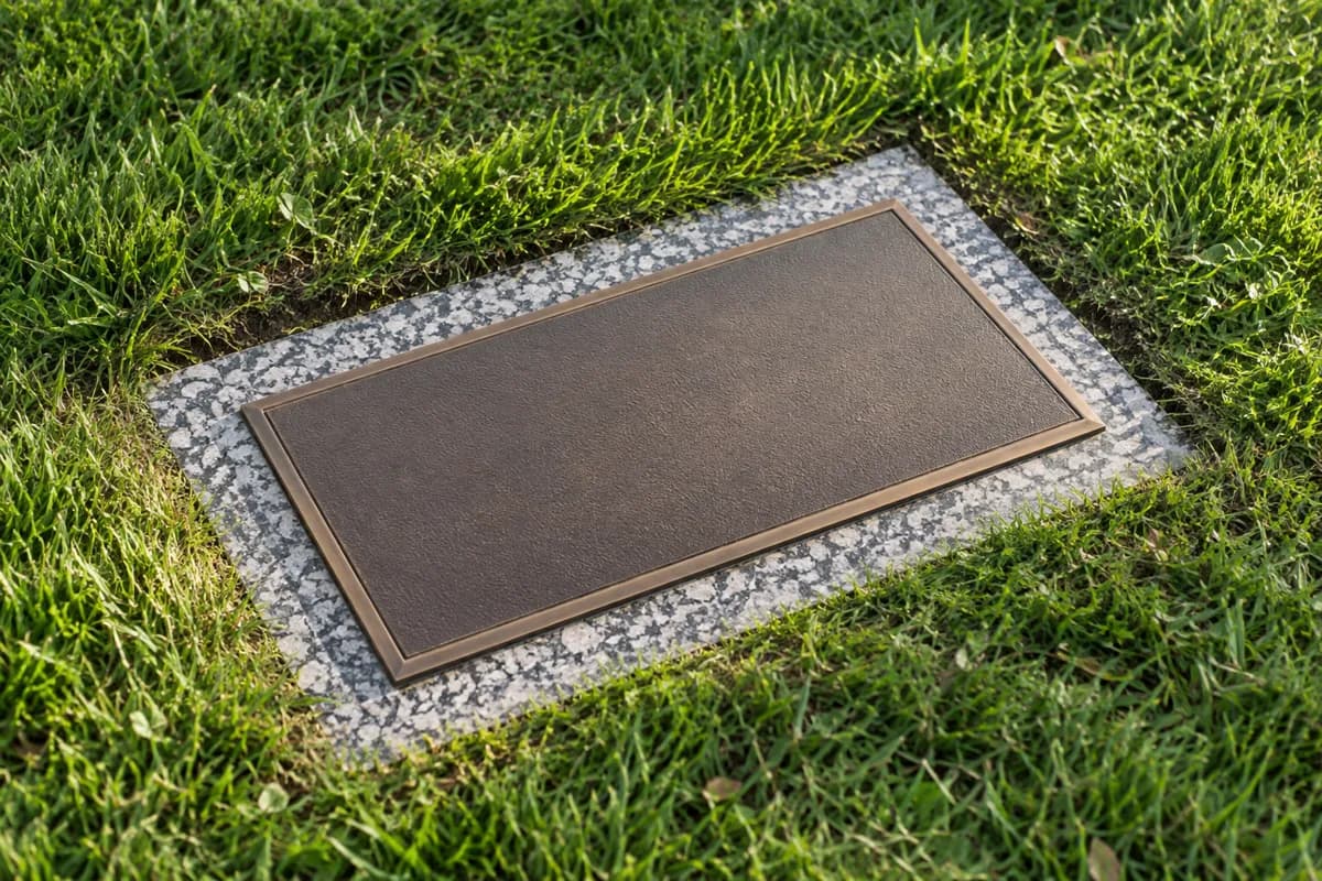 Bronze grave marker mounted flush in a granite slab.