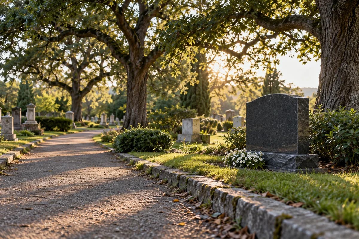 Granite memorial stone beside a quiet cemetery path.