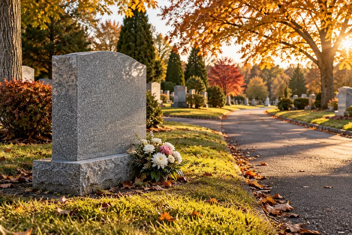 Granite memorial stone beside an autumn cemetery walkway.