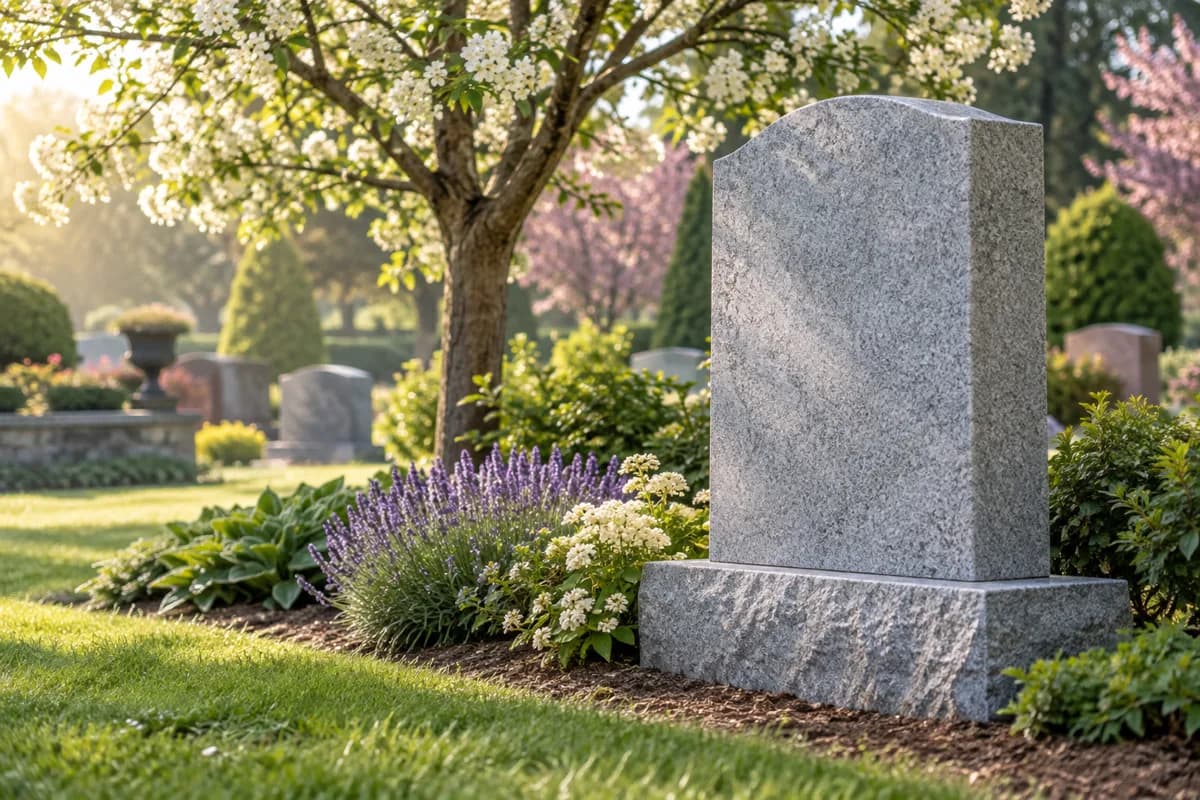 Pale granite memorial stone near flowering trees.