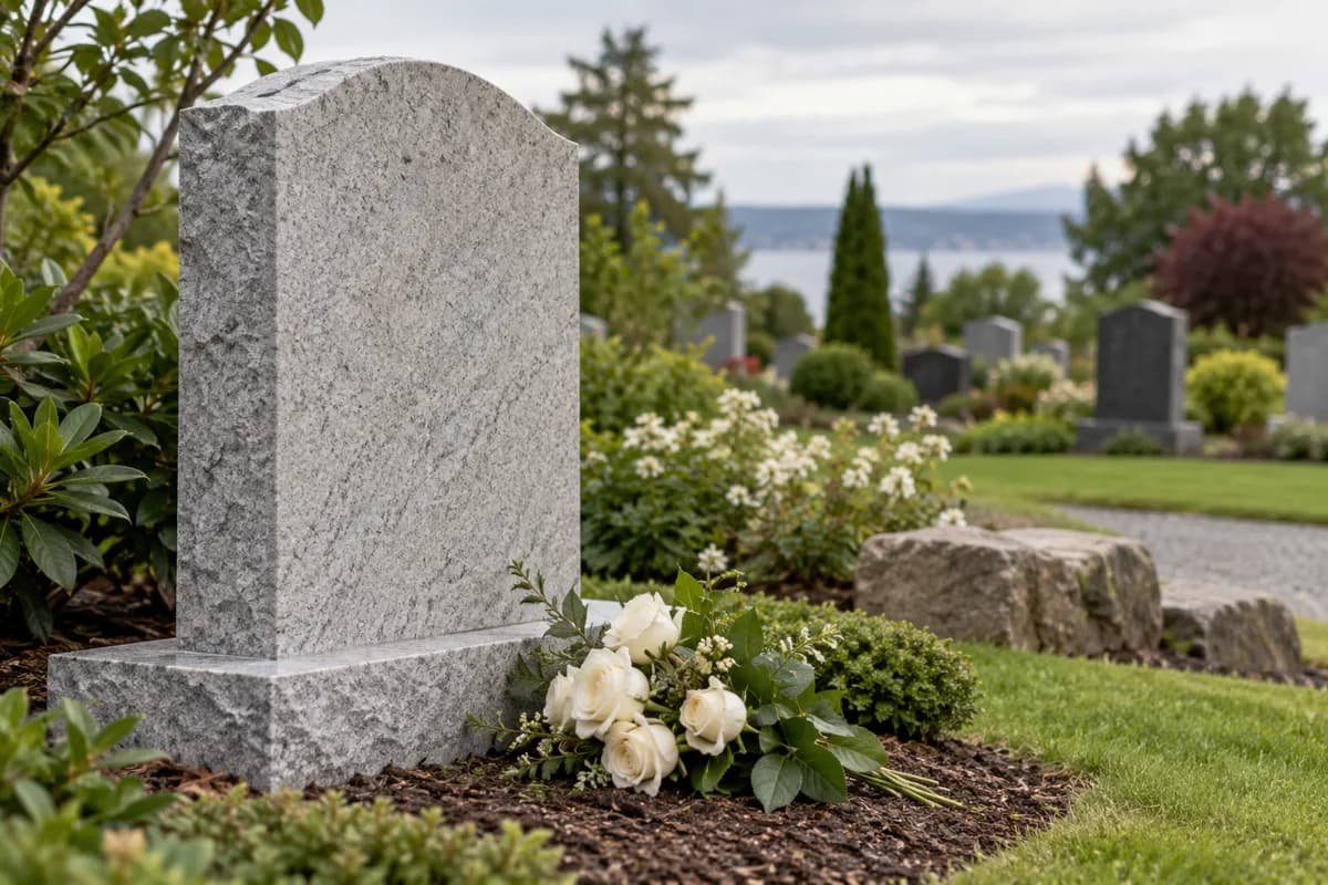 Pale granite memorial stone with white roses nearby.