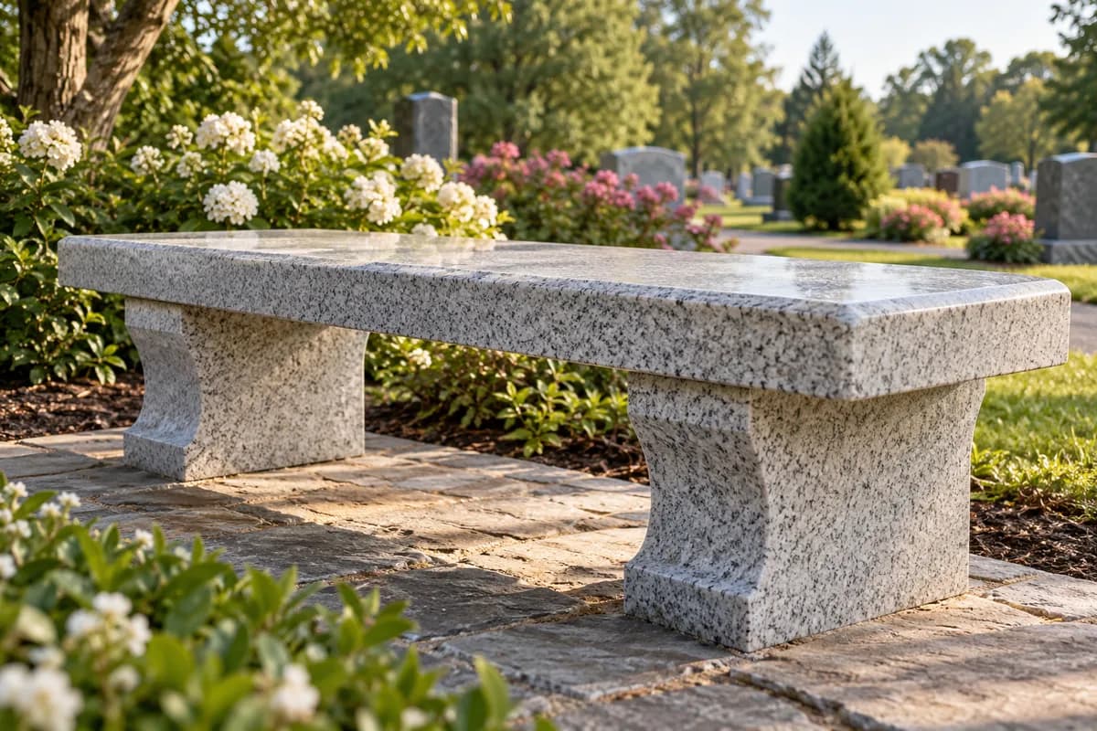 Side view of a granite memorial bench and its supports.