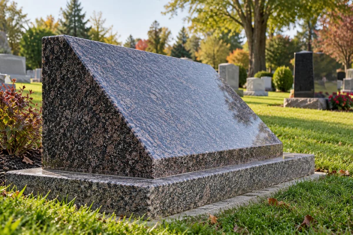 Side view showing a slant headstone's angled face.