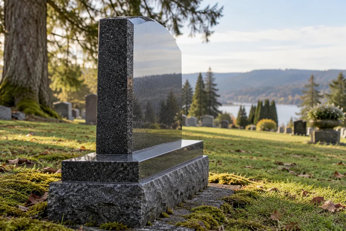 Side view of an upright granite headstone and its base.
